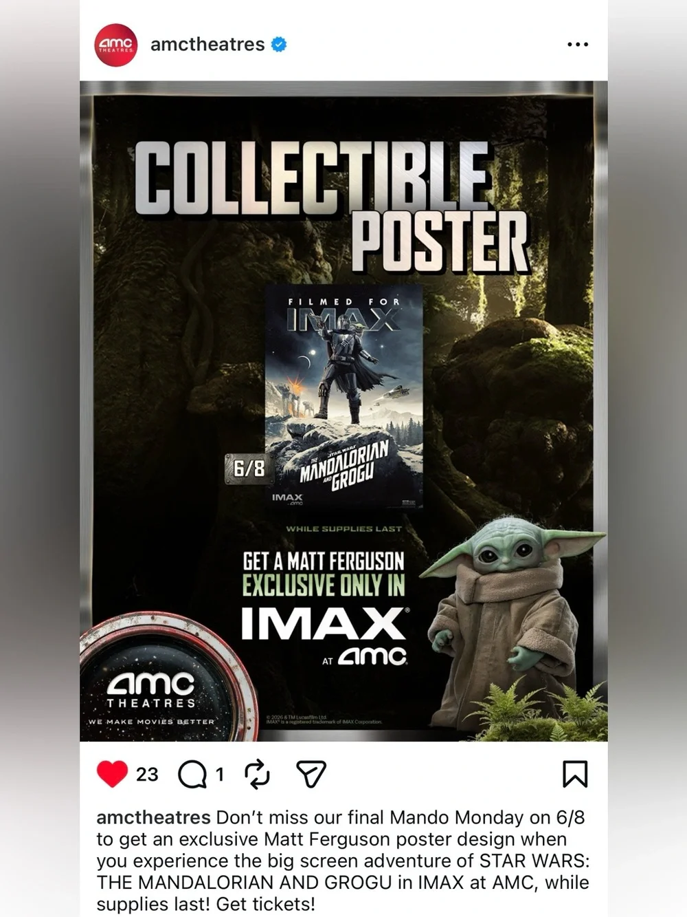 Limited Edition StarWars The Mandalorian and Grogu Collectible AMC Posters 3/3